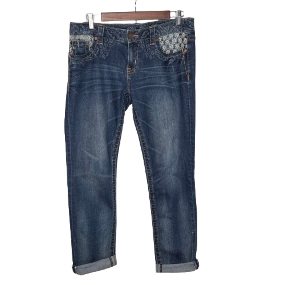 Miss Me Womens Signature Cuffed Skinny Jeans Size 30 Cross Stitch Embroidery